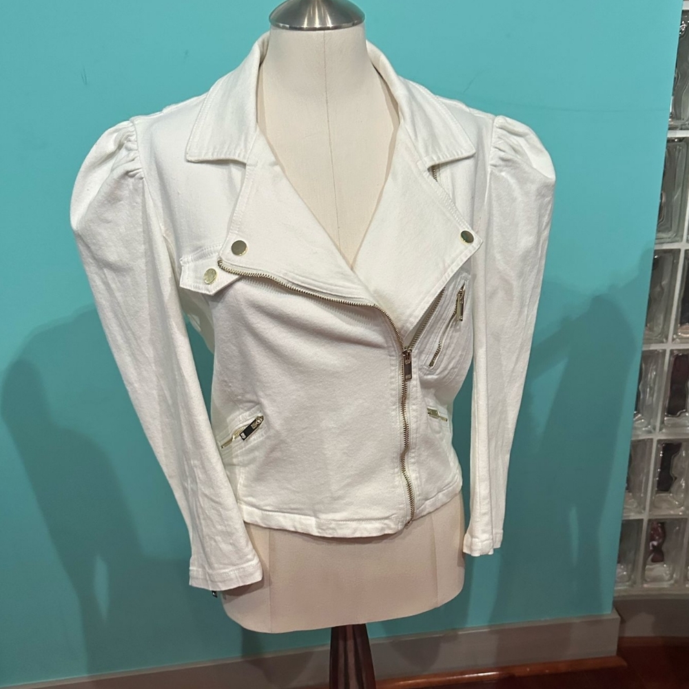 Generation Love White Moto Denim Puff Shoulder Jacket Size Large